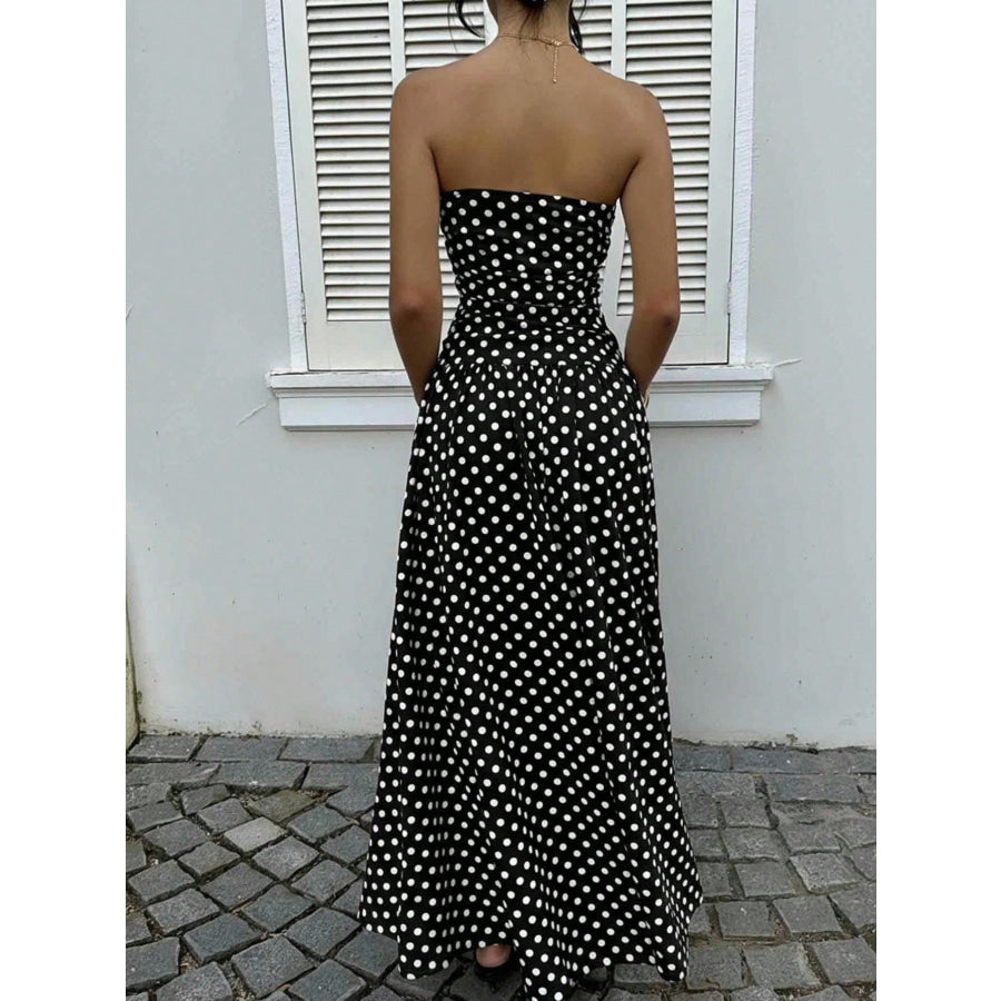 Polka Dot Ruched Strapless Maxi Dress Apparel and Accessories