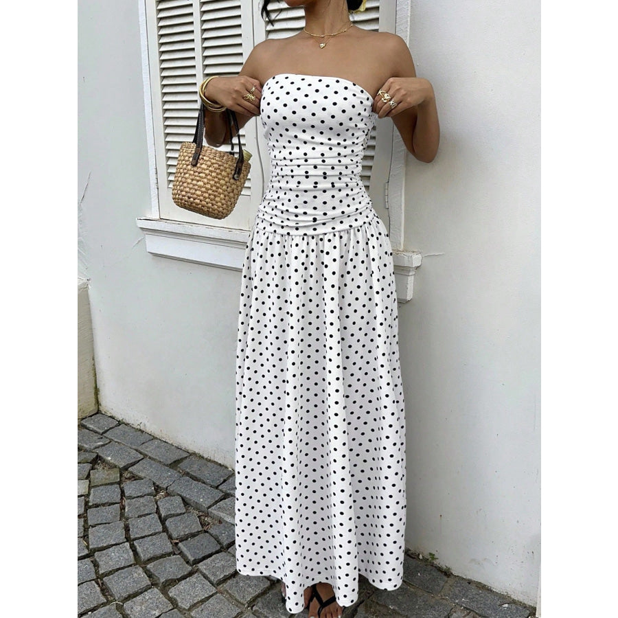 Polka Dot Ruched Strapless Maxi Dress White / S Apparel and Accessories