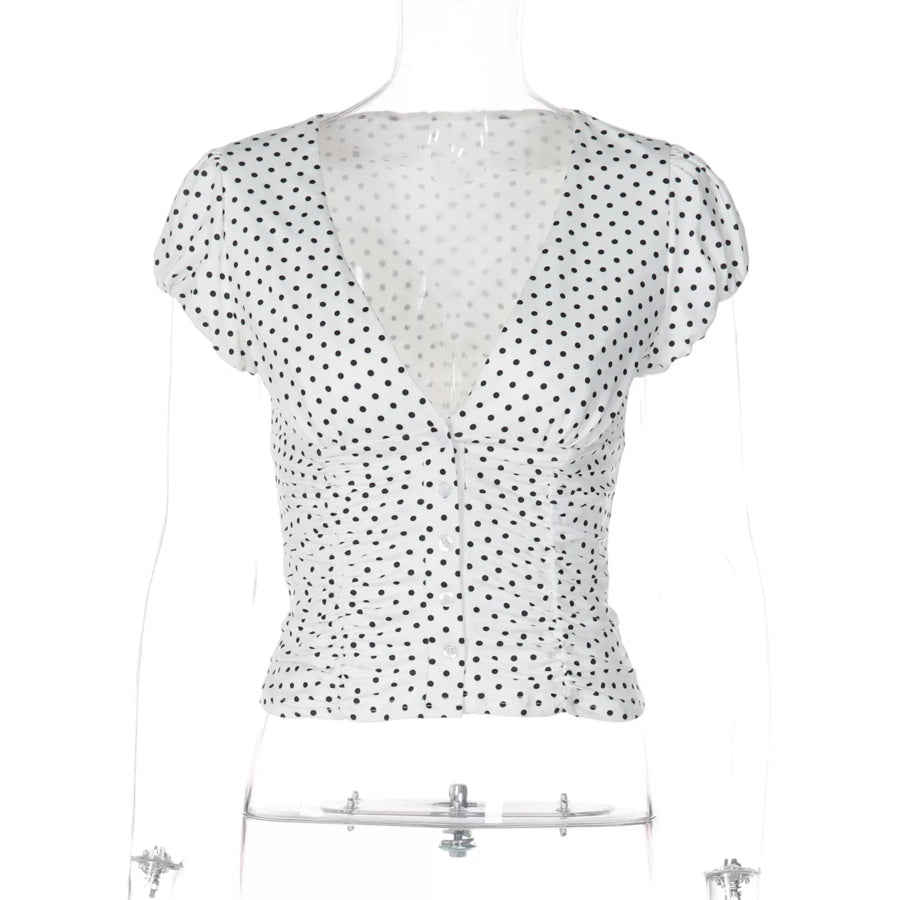 Polka Dot Ruched V-Neck Top Apparel and Accessories