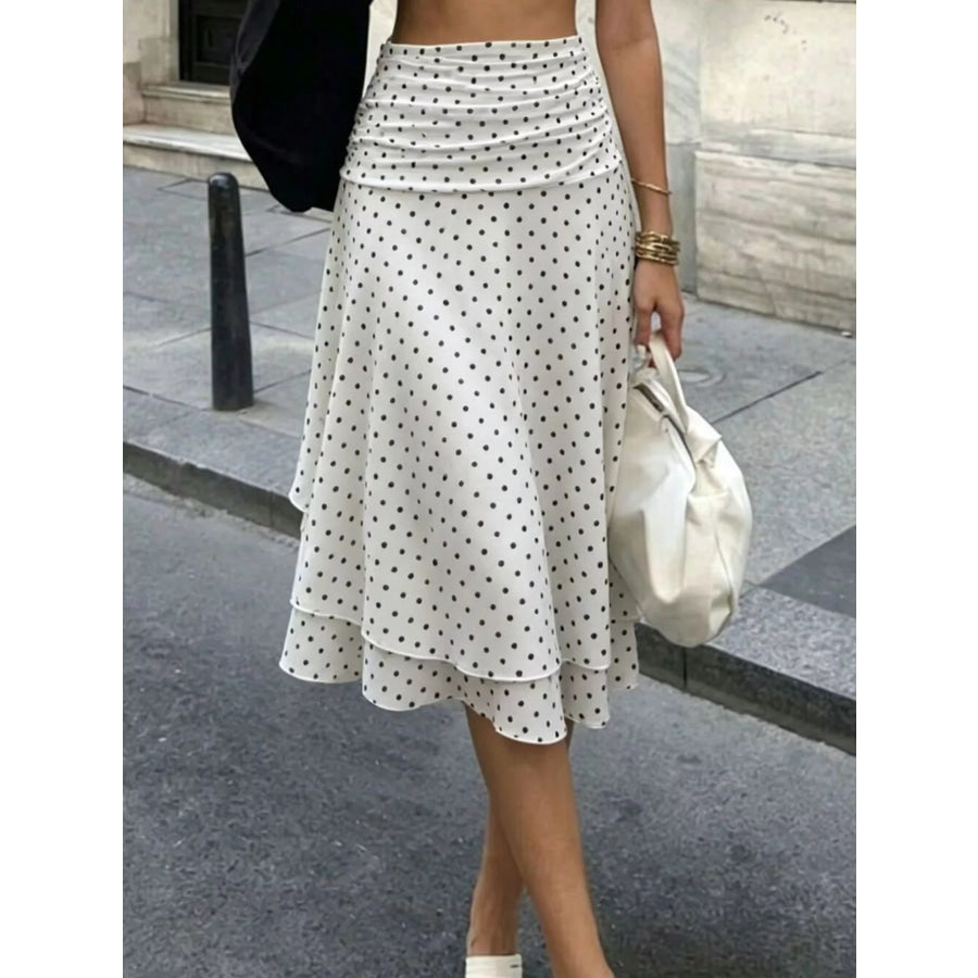 Polka Dot Ruched Waist Midi Skirt White / S Apparel and Accessories