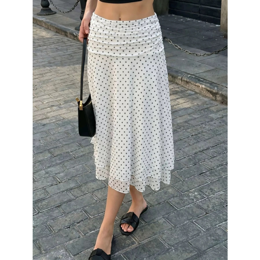 Polka Dot Ruched Waist Midi Skirt White / S Apparel and Accessories