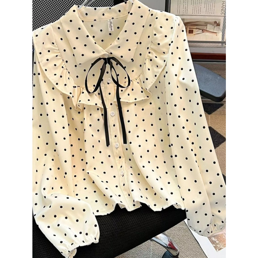 Polka Dot Ruffle Button Up Shirt Apricot-Polka Dot-Long Sleeve / S Apparel and Accessories