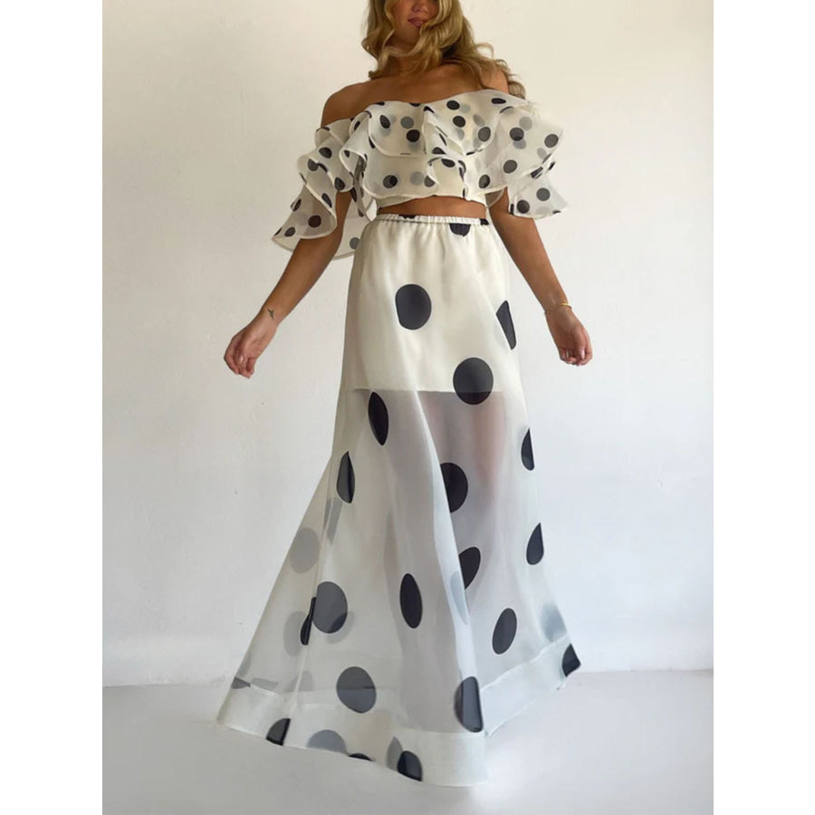 Polka Dot Ruffle Crop Top and Maxi Skirt Set White / S Apparel and Accessories