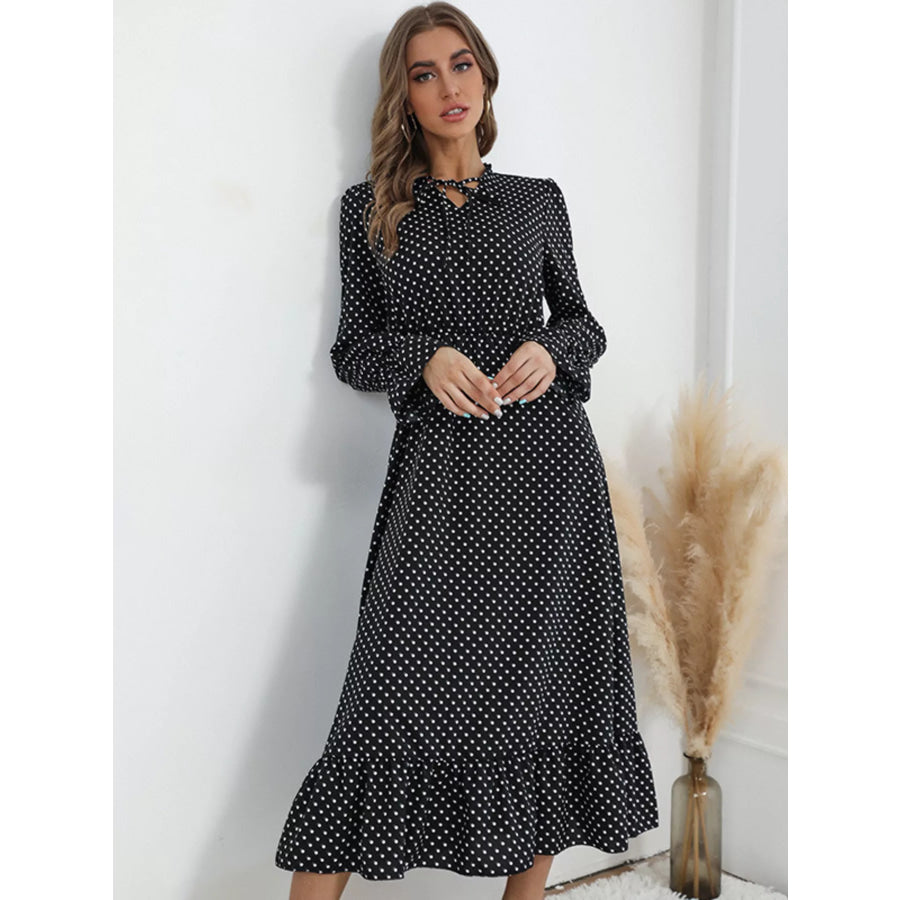 Polka Dot Ruffle Hem Midi Dress Black / S Apparel and Accessories