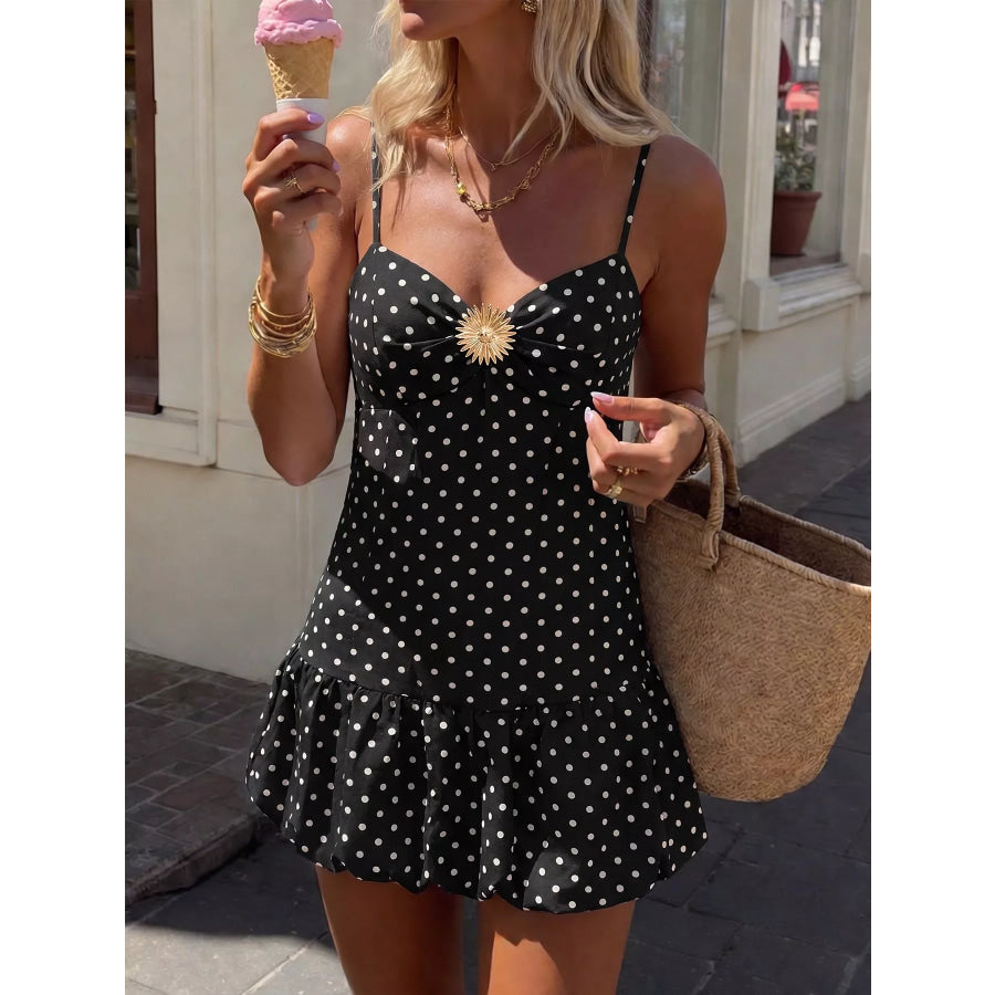 Polka Dot Ruffle Hem Spaghetti Strap Dress Black / S Apparel and Accessories