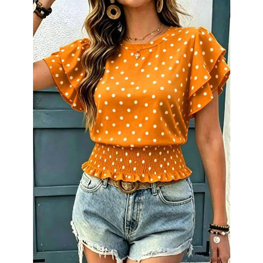 Polka Dot Ruffle Sleeve Blouse Orange / S Apparel and Accessories