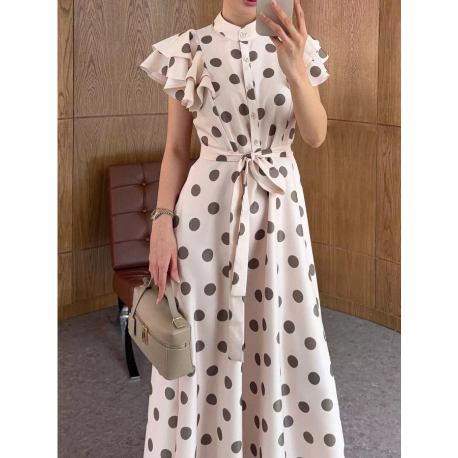 Polka Dot Ruffle Sleeve Midi Dress Apparel and Accessories