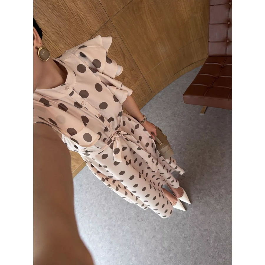 Polka Dot Ruffle Sleeve Midi Dress Apparel and Accessories