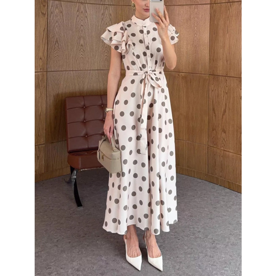 Polka Dot Ruffle Sleeve Midi Dress Eggshell / S Apparel and Accessories