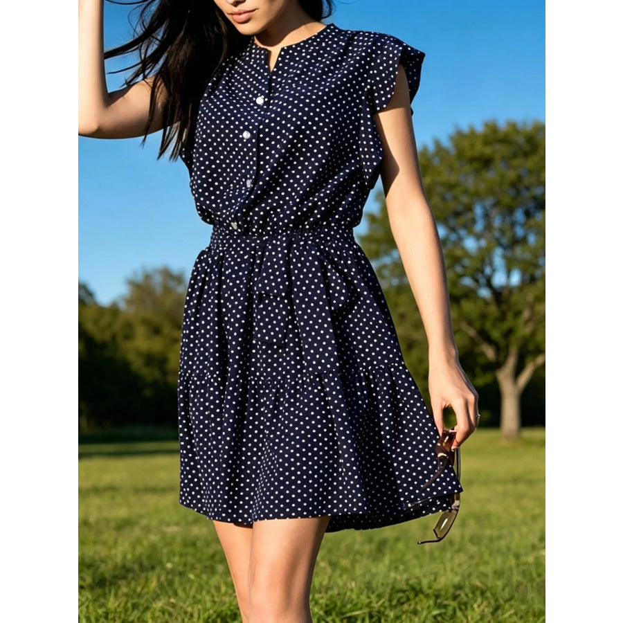 Polka Dot Ruffle Sleeve Tie Waist Dress Blue / S Apparel and Accessories
