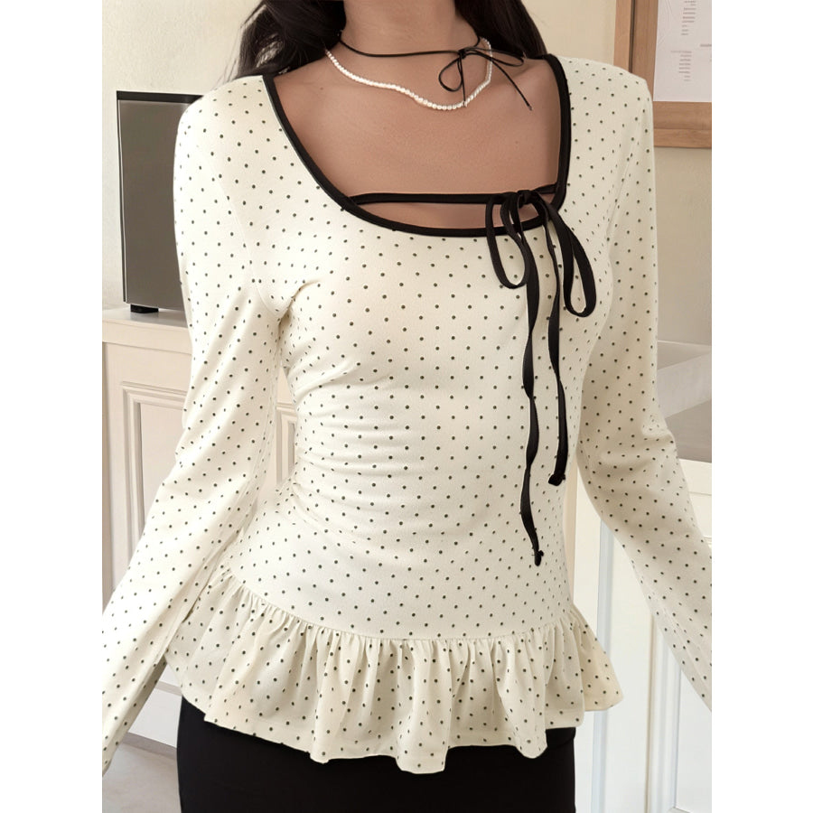 Polka Dot Ruffle Trim Long Sleeve T-Shirt Apparel and Accessories