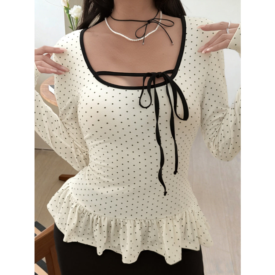 Polka Dot Ruffle Trim Long Sleeve T-Shirt Apparel and Accessories