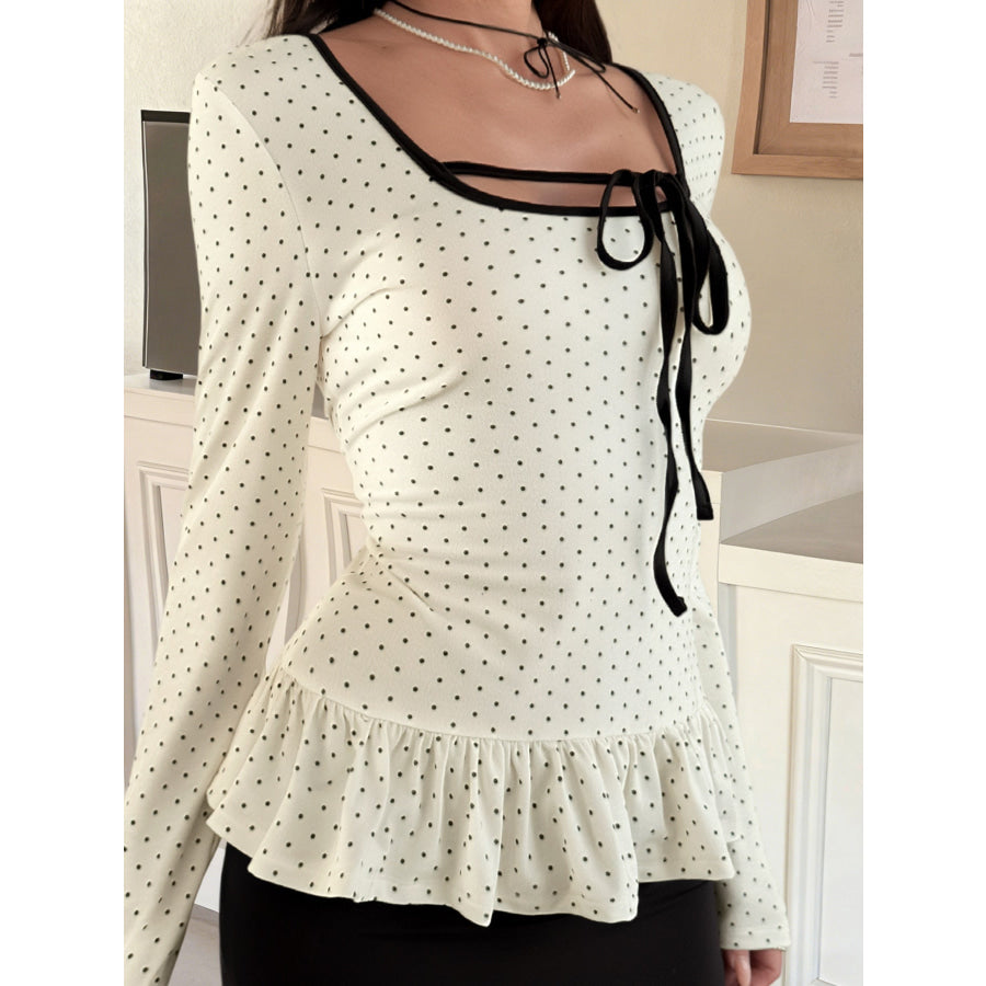Polka Dot Ruffle Trim Long Sleeve T-Shirt Apparel and Accessories