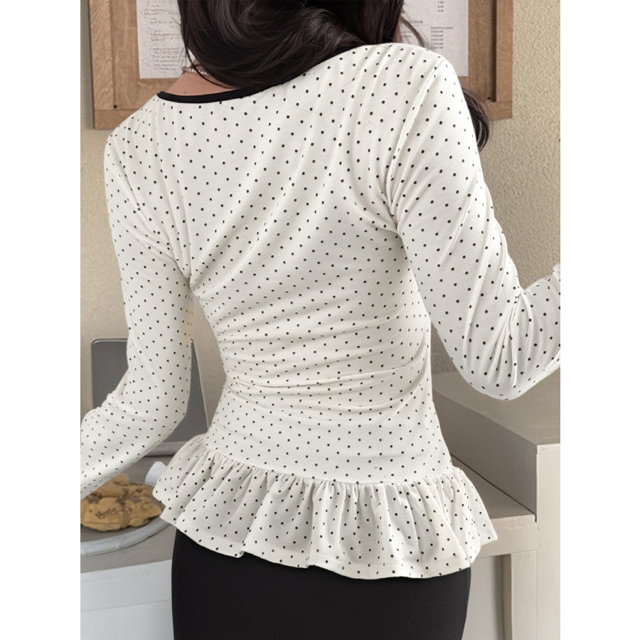 Polka Dot Ruffle Trim Long Sleeve T-Shirt Apparel and Accessories