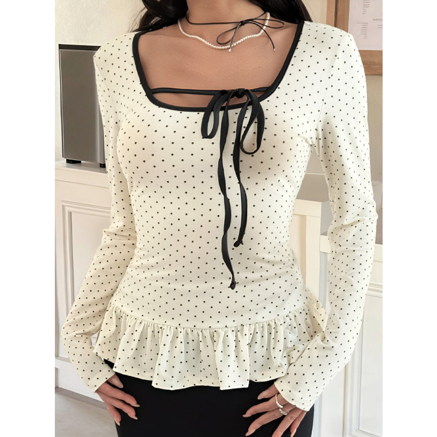 Polka Dot Ruffle Trim Long Sleeve T-Shirt Beige / S Apparel and Accessories