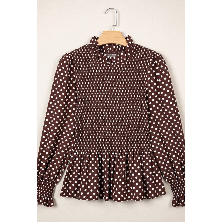 Polka Dot Ruffled High Neck Shirred Ruffle Hem Blouse Apparel and Accessories