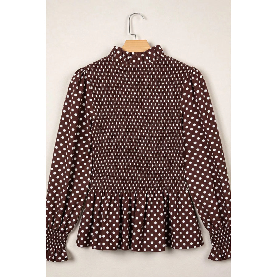 Polka Dot Ruffled High Neck Shirred Ruffle Hem Blouse Apparel and Accessories