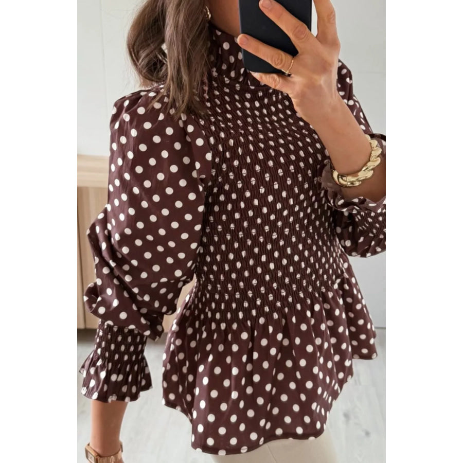 Polka Dot Ruffled High Neck Shirred Ruffle Hem Blouse Apparel and Accessories