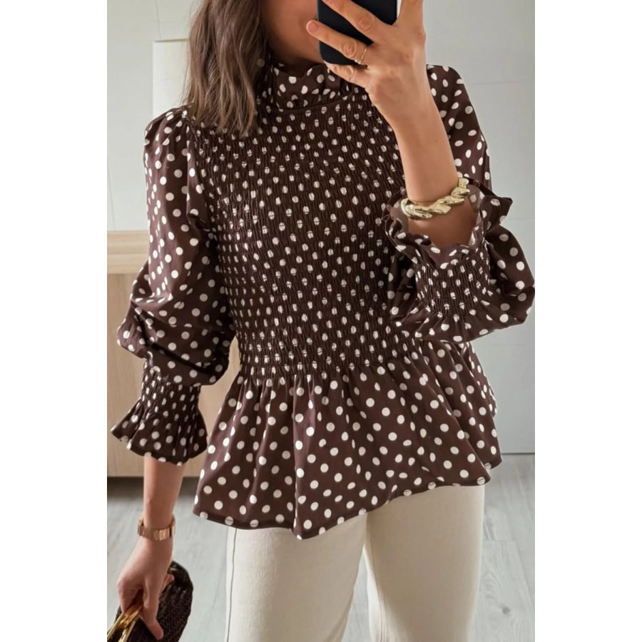 Polka Dot Ruffled High Neck Shirred Ruffle Hem Blouse Apparel and Accessories