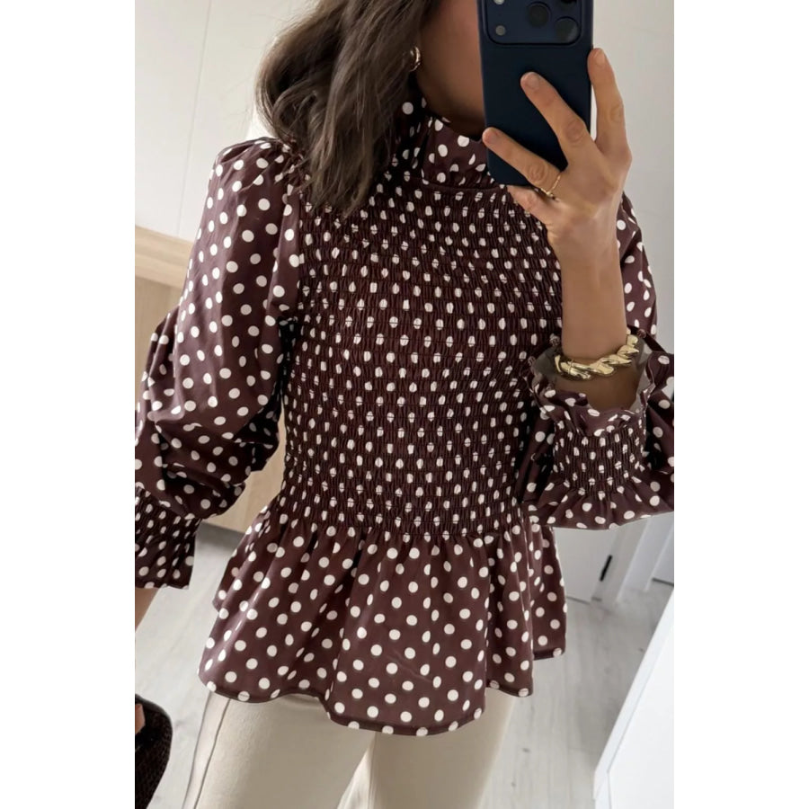 Polka Dot Ruffled High Neck Shirred Ruffle Hem Blouse Chocolate / S Apparel and Accessories
