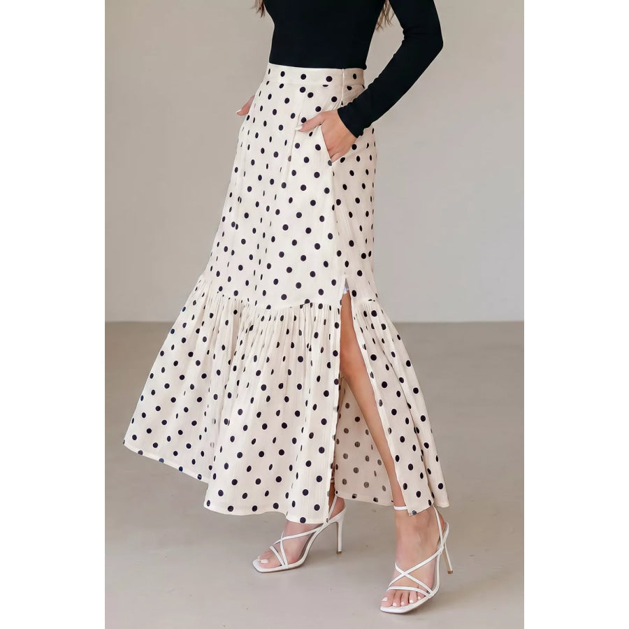 Polka Dot Ruffled Slit Maxi Skirt Apparel and Accessories