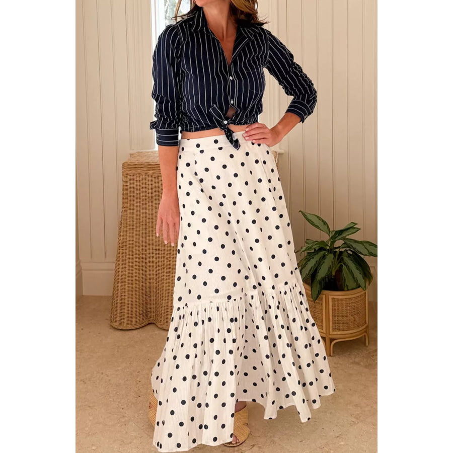 Polka Dot Ruffled Slit Maxi Skirt Apparel and Accessories