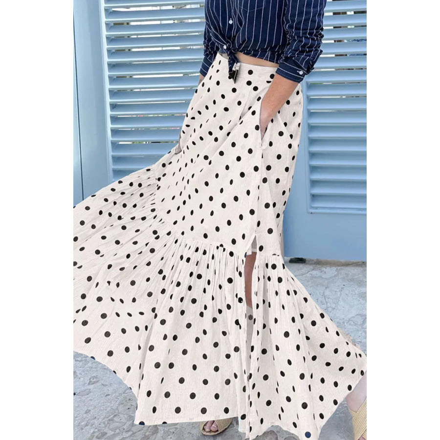 Polka Dot Ruffled Slit Maxi Skirt Apparel and Accessories