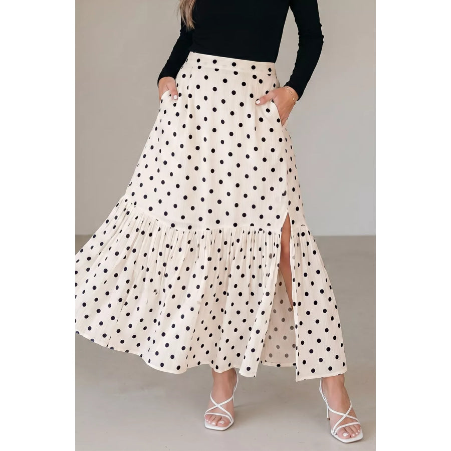 Polka Dot Ruffled Slit Maxi Skirt Beige / S Apparel and Accessories