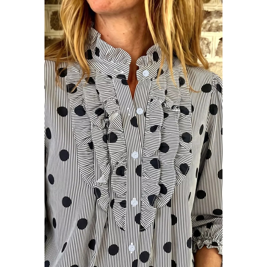 Polka Dot Ruffled Stand-Collar Shirt Apparel and Accessories