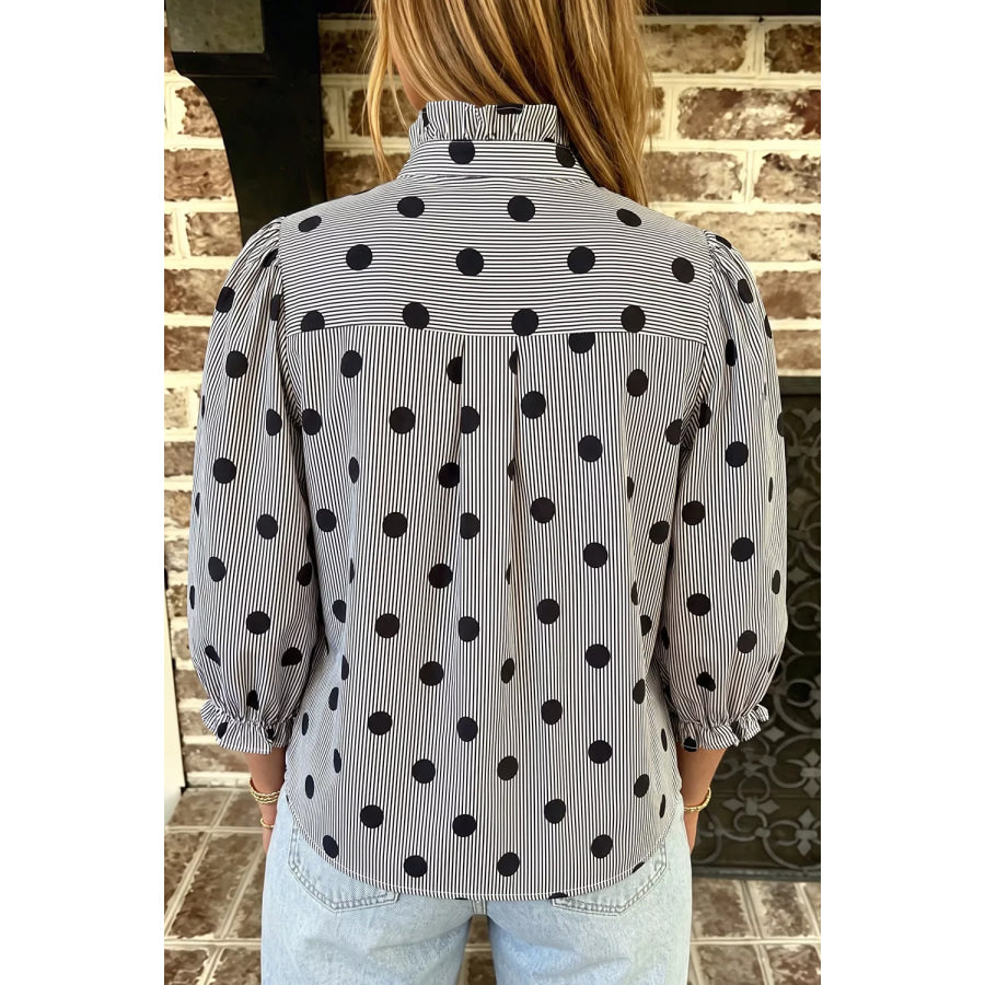 Polka Dot Ruffled Stand-Collar Shirt Apparel and Accessories
