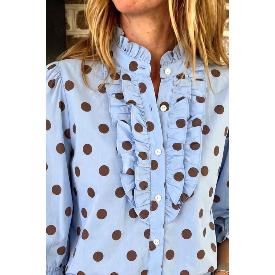 Polka Dot Ruffled Stand-Collar Shirt Apparel and Accessories