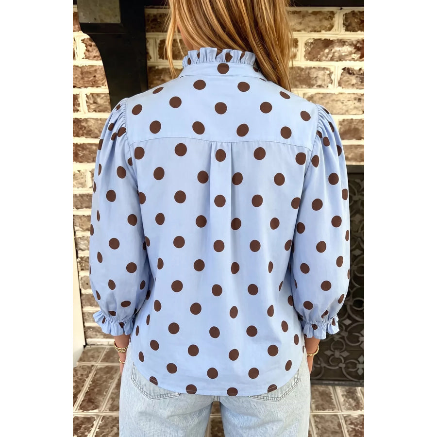 Polka Dot Ruffled Stand-Collar Shirt Apparel and Accessories