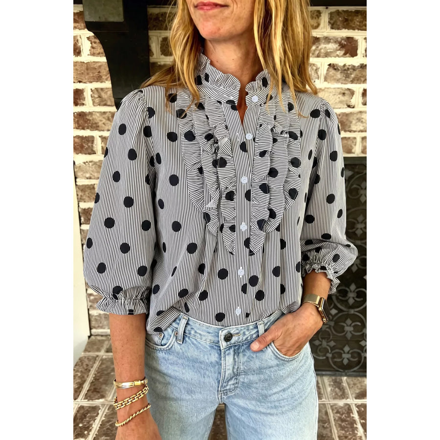 Polka Dot Ruffled Stand-Collar Shirt Black / S Apparel and Accessories