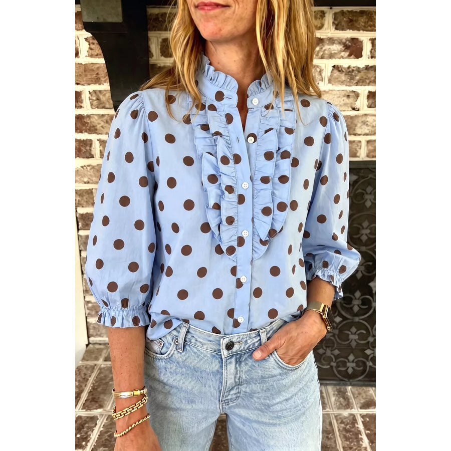 Polka Dot Ruffled Stand-Collar Shirt Light Blue / S Apparel and Accessories