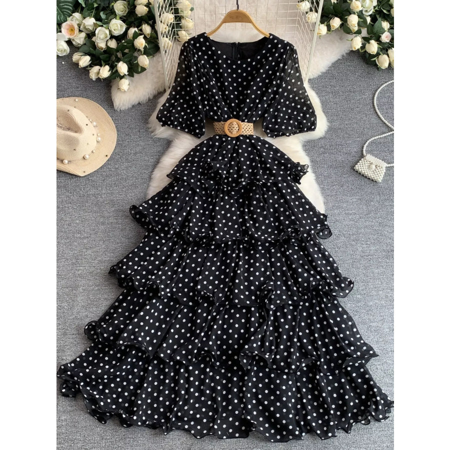 Polka Dot Ruffled Tiered Dress Black / One Size Apparel and Accessories