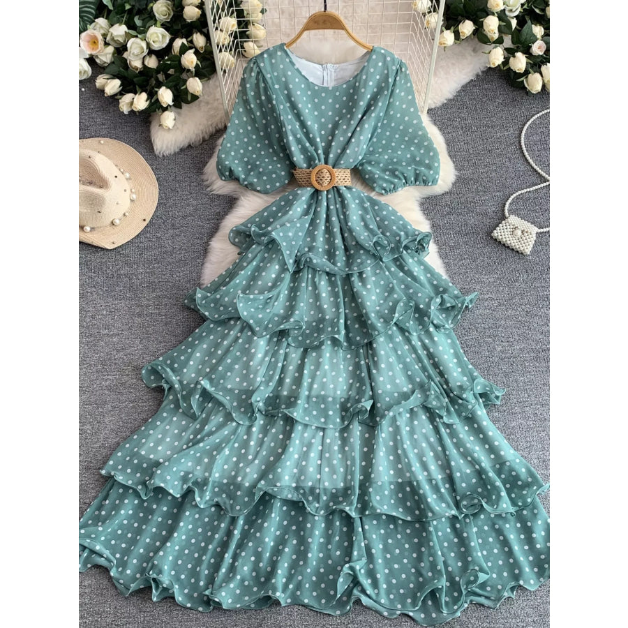 Polka Dot Ruffled Tiered Dress Green / One Size Apparel and Accessories