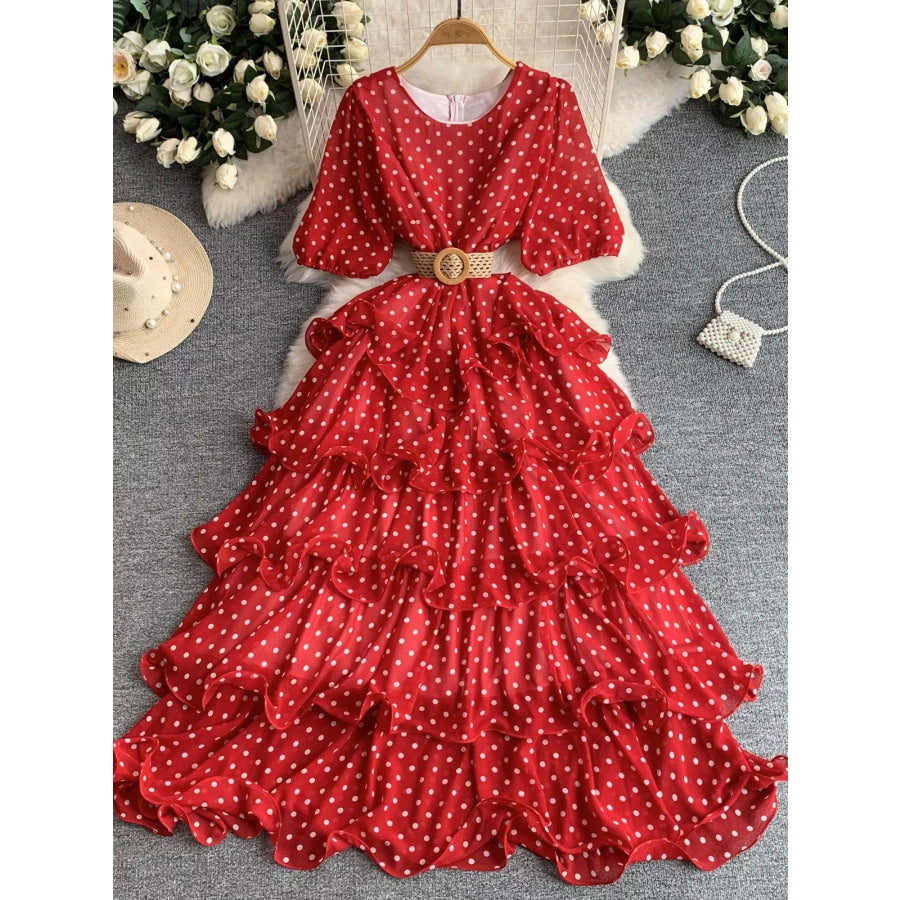 Polka Dot Ruffled Tiered Dress Red / One Size Apparel and Accessories