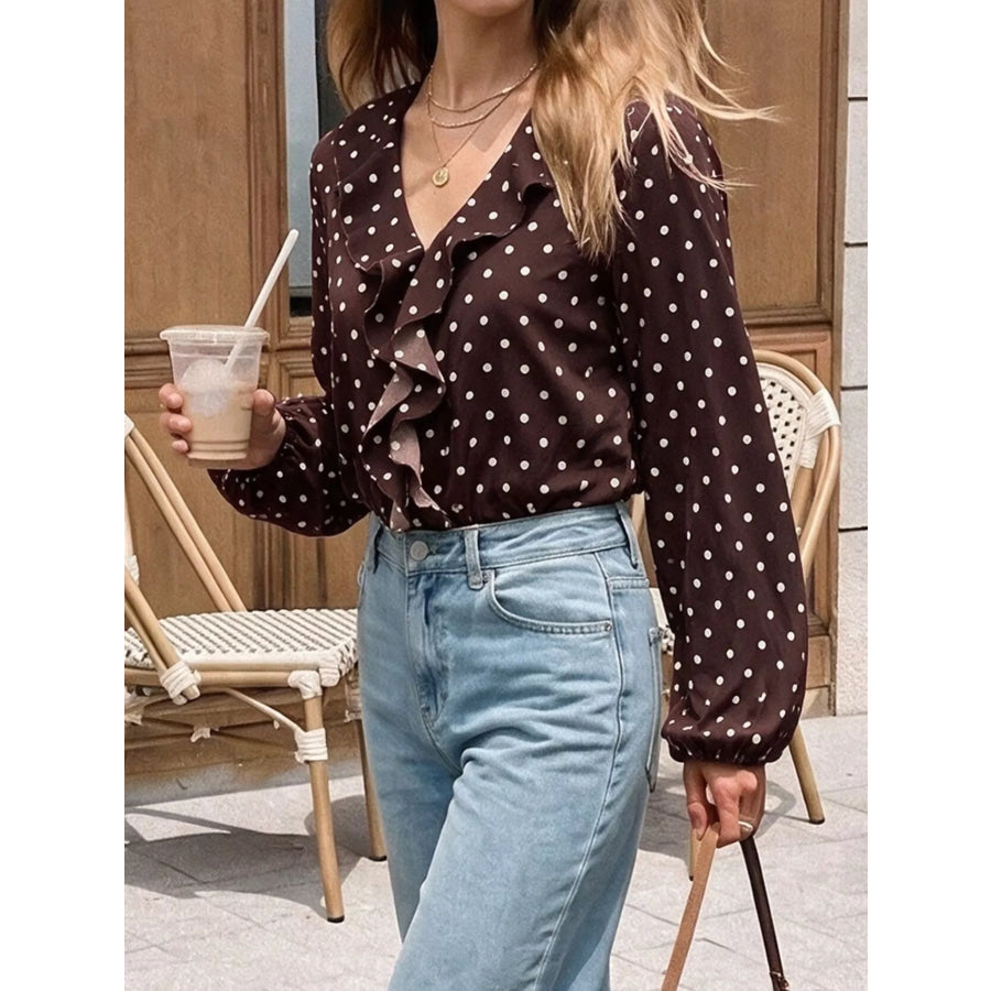 Polka Dot Ruffled V-Neck Bodysuit Apparel and Accessories