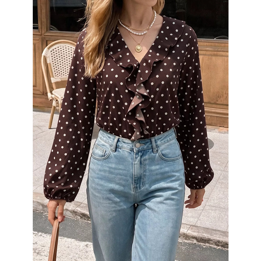 Polka Dot Ruffled V-Neck Bodysuit Apparel and Accessories