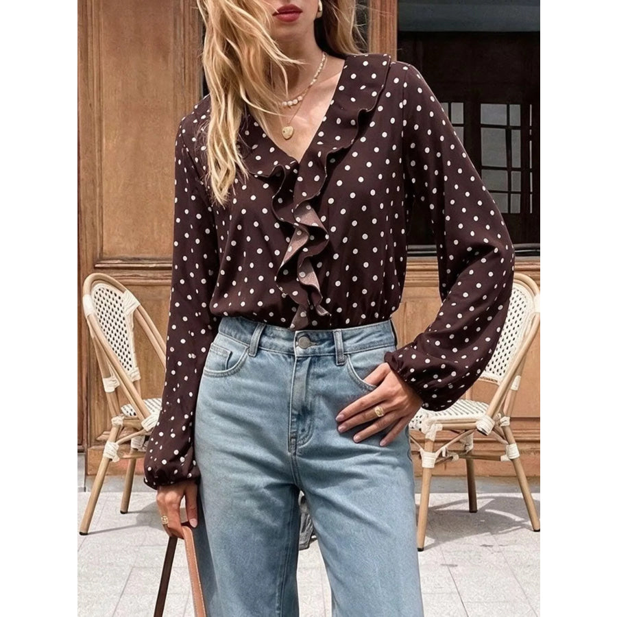 Polka Dot Ruffled V-Neck Bodysuit Apparel and Accessories