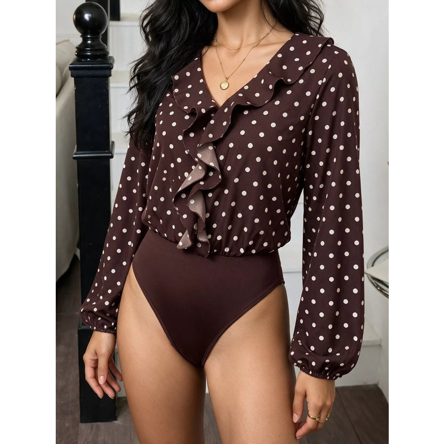 Polka Dot Ruffled V-Neck Bodysuit Apparel and Accessories