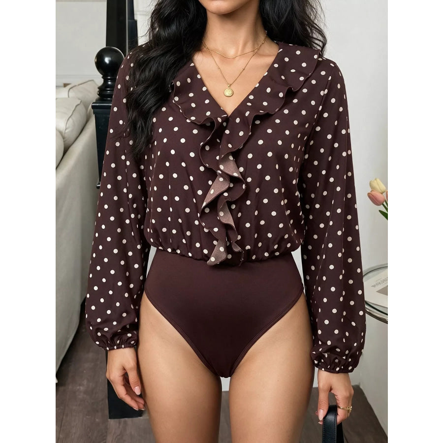 Polka Dot Ruffled V-Neck Bodysuit Apparel and Accessories