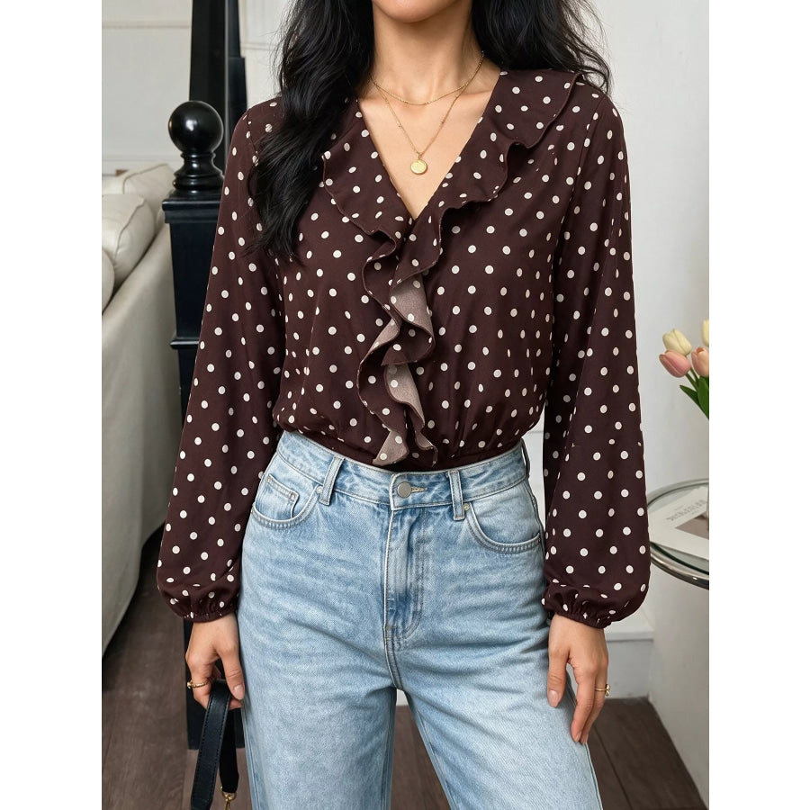 Polka Dot Ruffled V-Neck Bodysuit Coffee Brown / S Apparel and Accessories