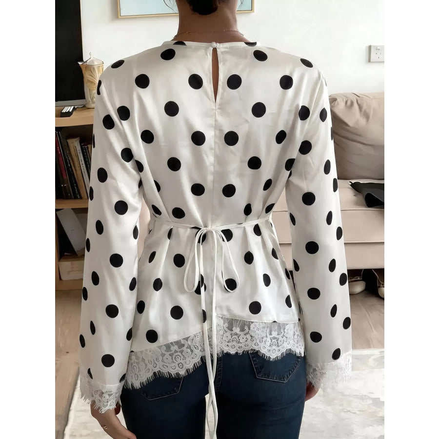 Polka Dot Satin Top with Lace Trim Apparel and Accessories