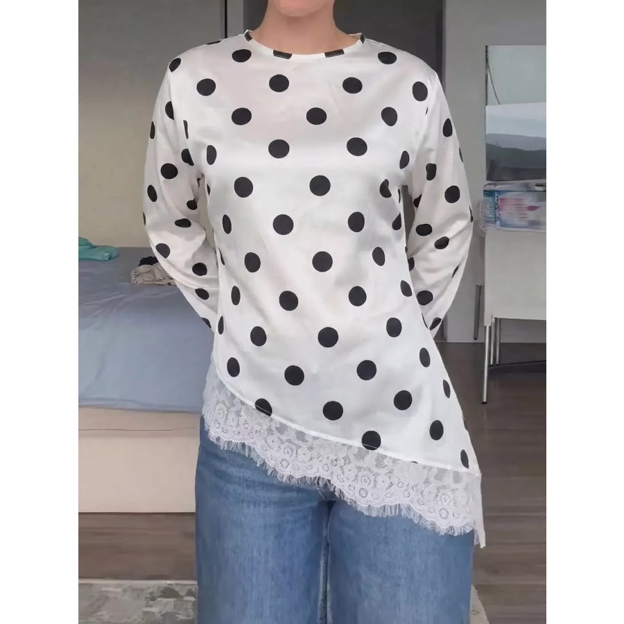 Polka Dot Satin Top with Lace Trim Apparel and Accessories