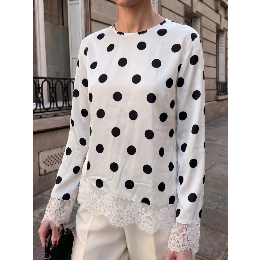Polka Dot Satin Top with Lace Trim Apparel and Accessories