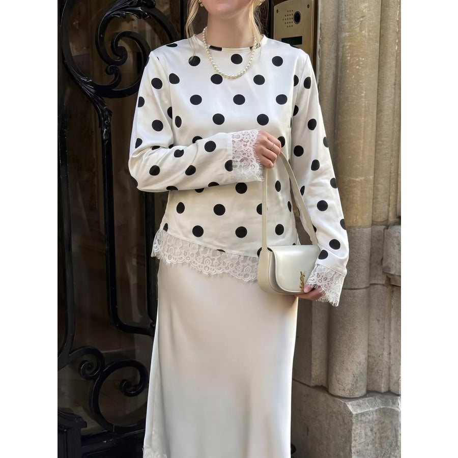 Polka Dot Satin Top with Lace Trim Apparel and Accessories
