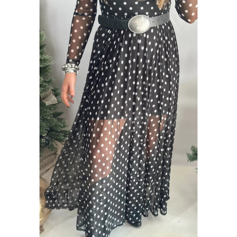 Polka Dot Sheer Mesh Long Sleeve Maxi Dress Apparel and Accessories