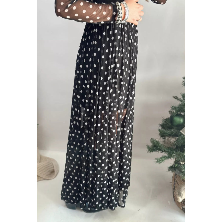 Polka Dot Sheer Mesh Long Sleeve Maxi Dress Black / S Apparel and Accessories
