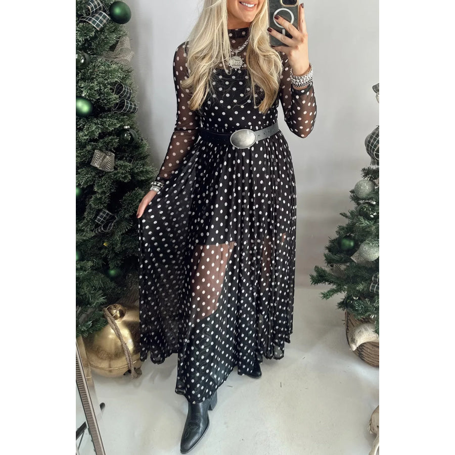 Polka Dot Sheer Mesh Long Sleeve Maxi Dress Black / S Apparel and Accessories